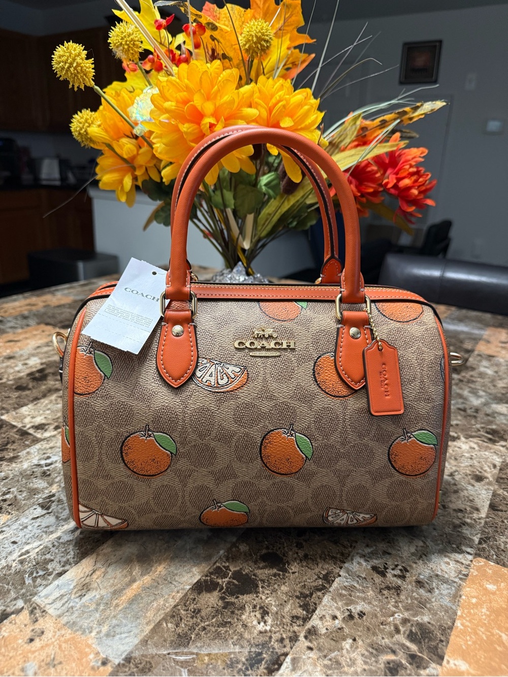 Coach Brown Signature Canvas Satchel with Orange Print